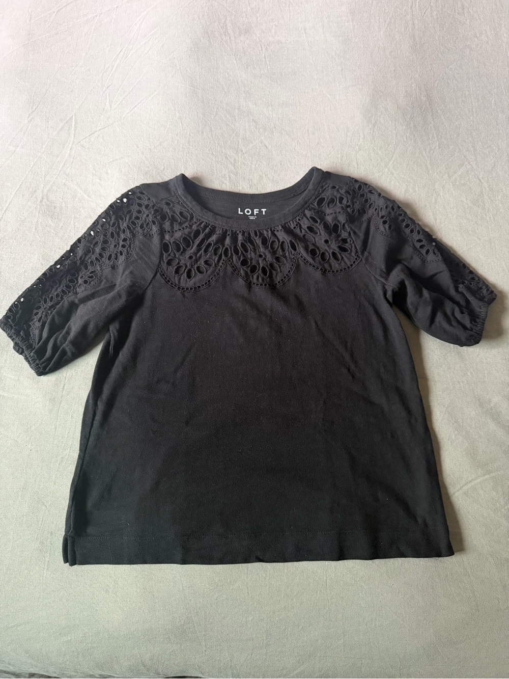LOFT Black Short Sleeve Top with Eyelet Yoke
